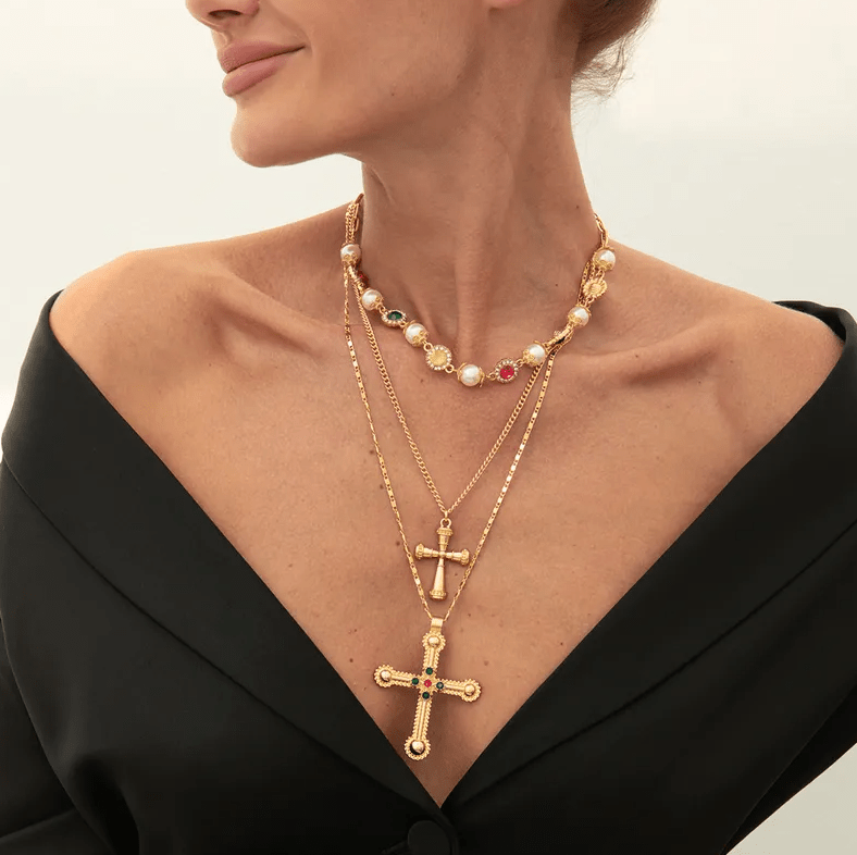 Gold Pearl Cross Layered Necklace Set - Necklace - 18k Gold Plated Waterproof Jewellery - Collection 9