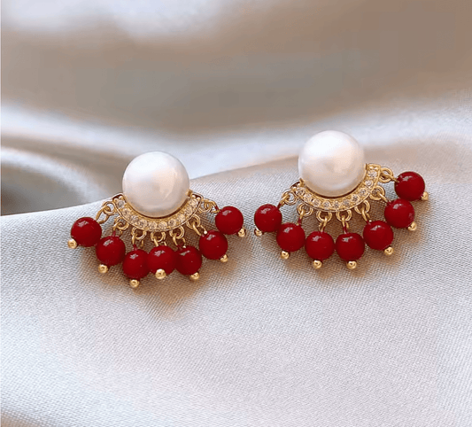Gold Pearl Red Bead Earrings - Earrings - 18k Gold Plated Waterproof Jewellery - Collection 9