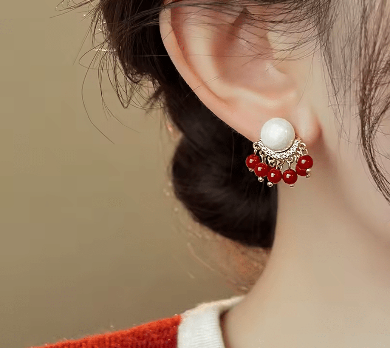 Gold Pearl Red Bead Earrings - Earrings - 18k Gold Plated Waterproof Jewellery - Collection 9
