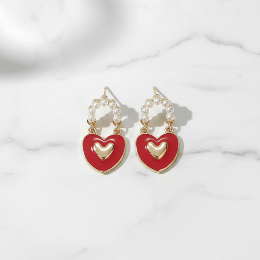 Gold Pearl Red Heart Drop Earrings - Earrings - 18k Gold Plated Waterproof Jewellery - Collection 9