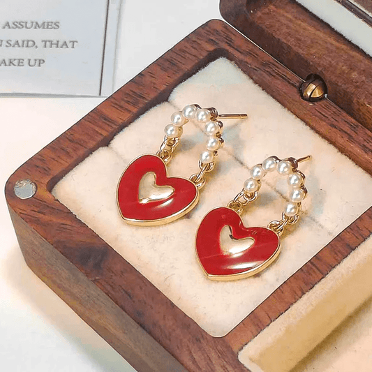 Gold Pearl Red Heart Drop Earrings - Earrings - 18k Gold Plated Waterproof Jewellery - Collection 9