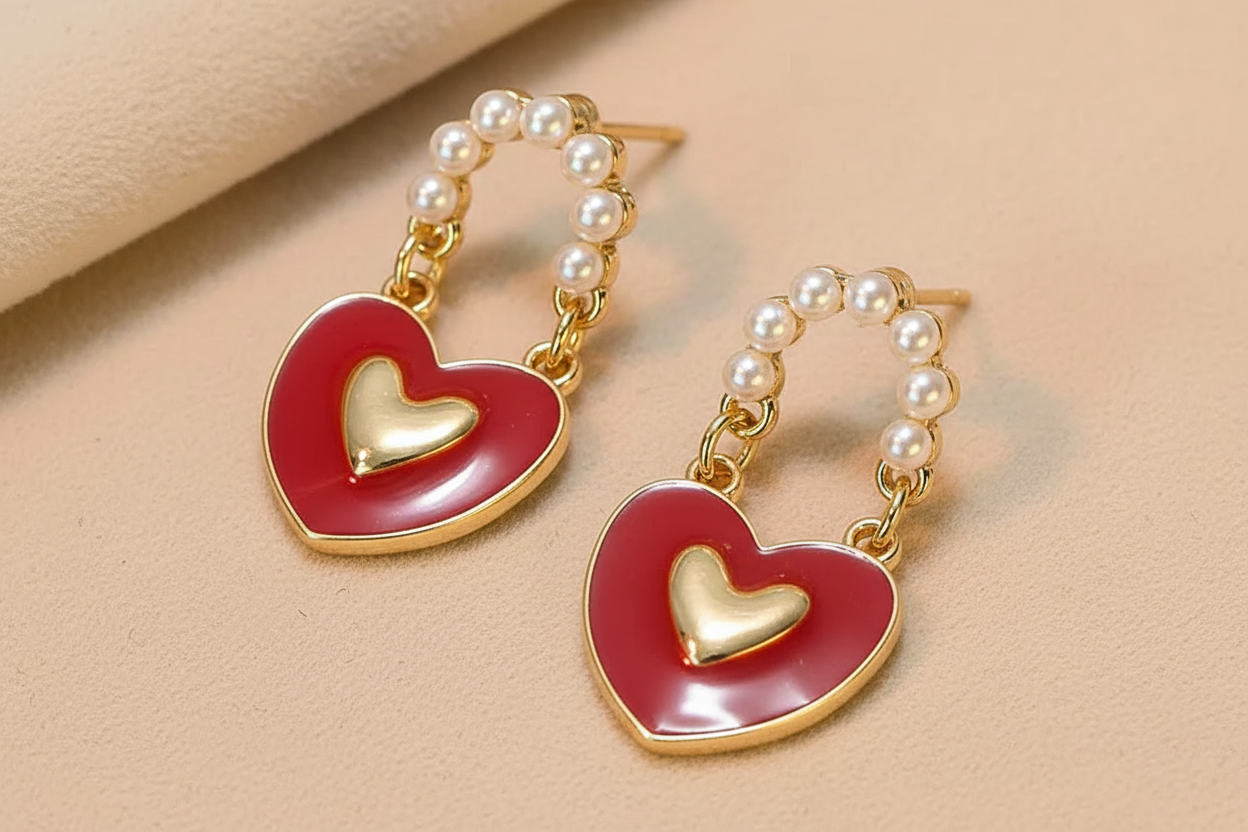 Gold Pearl Red Heart Drop Earrings - Earrings - 18k Gold Plated Waterproof Jewellery - Collection 9