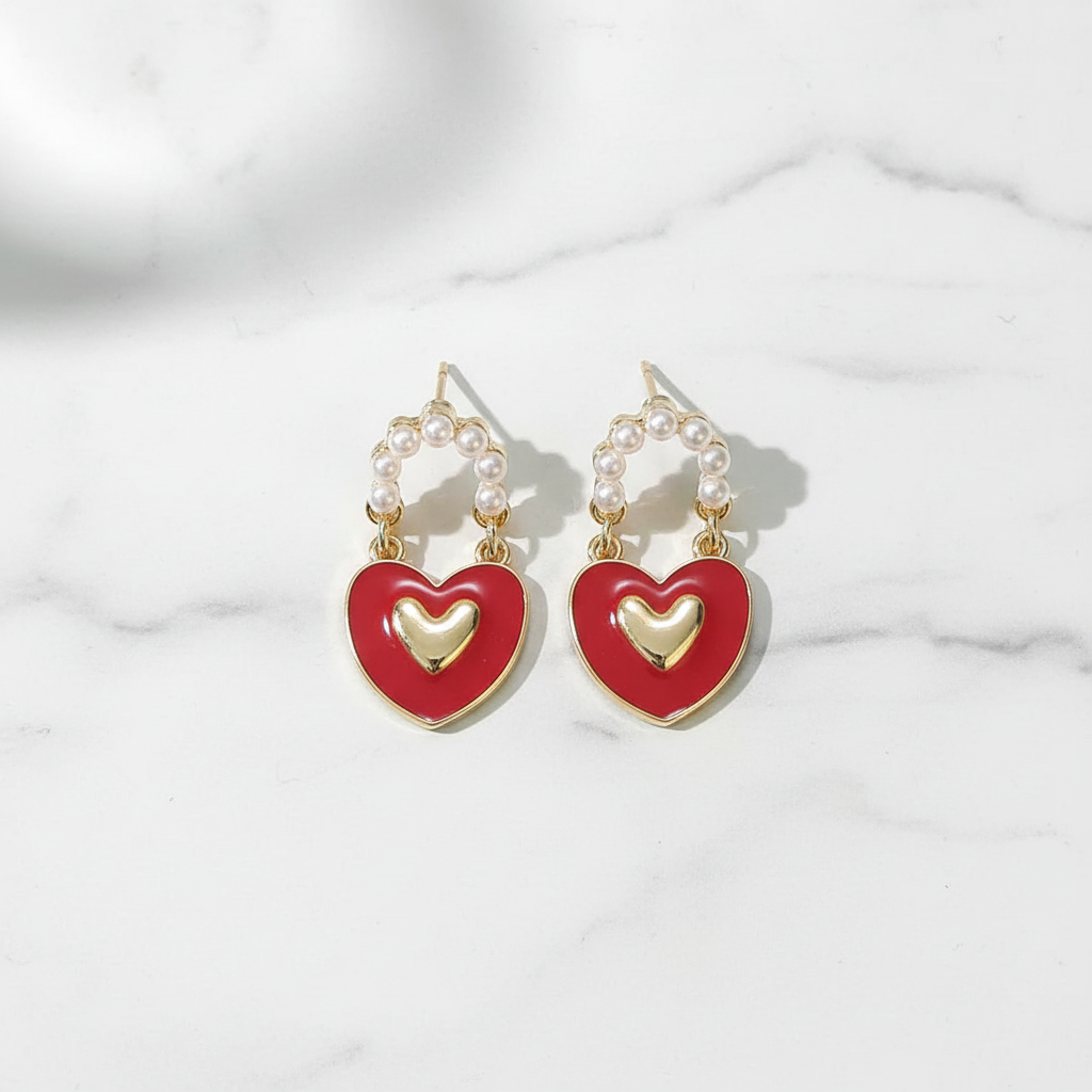 Gold Pearl Red Heart Drop Earrings - Earrings - 18k Gold Plated Waterproof Jewellery - Collection 9