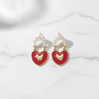 Gold Pearl Red Heart Drop Earrings - Earrings - 18k Gold Plated Waterproof Jewellery - Collection 9