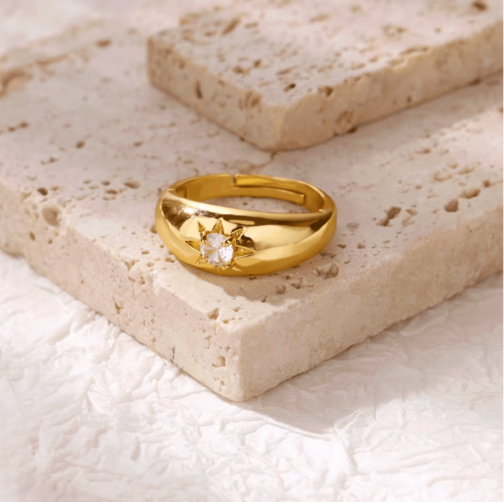 Gold Pink Crystal Star Dome Ring - Ring - 18k Gold Plated Waterproof Jewellery - Collection 9