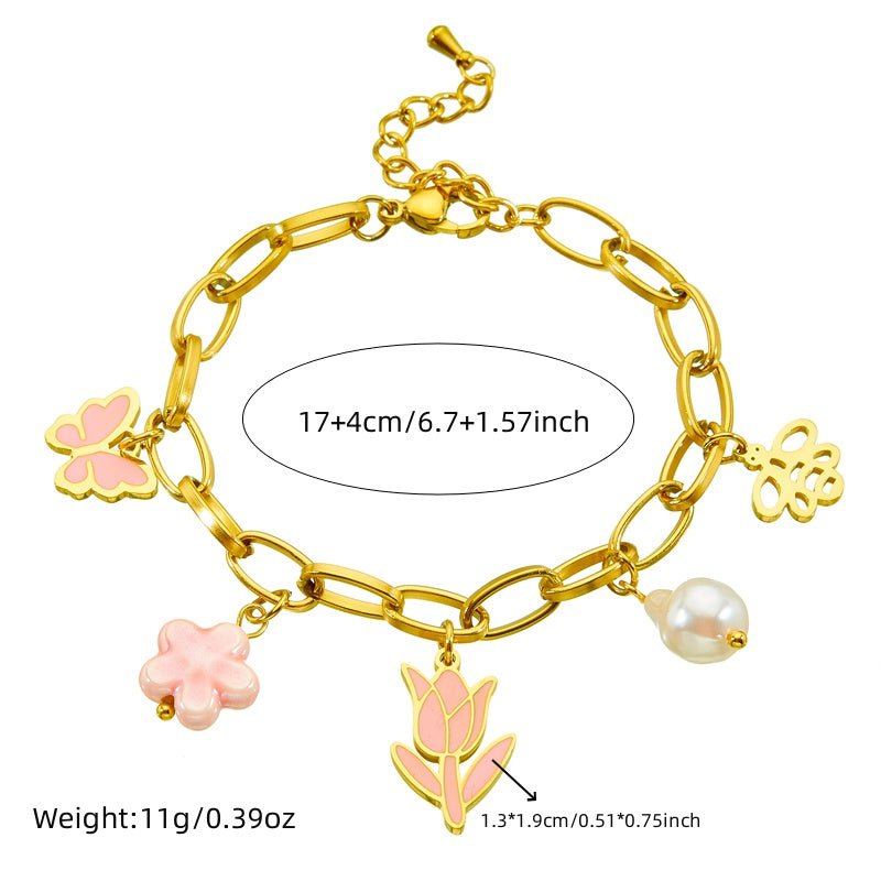 Gold Pink Enamel Tulip Butterfly & Pearl Charm Paperclip Chain Bracelet - Bracelets - 18k Gold Plated Waterproof Jewellery - Collection 9