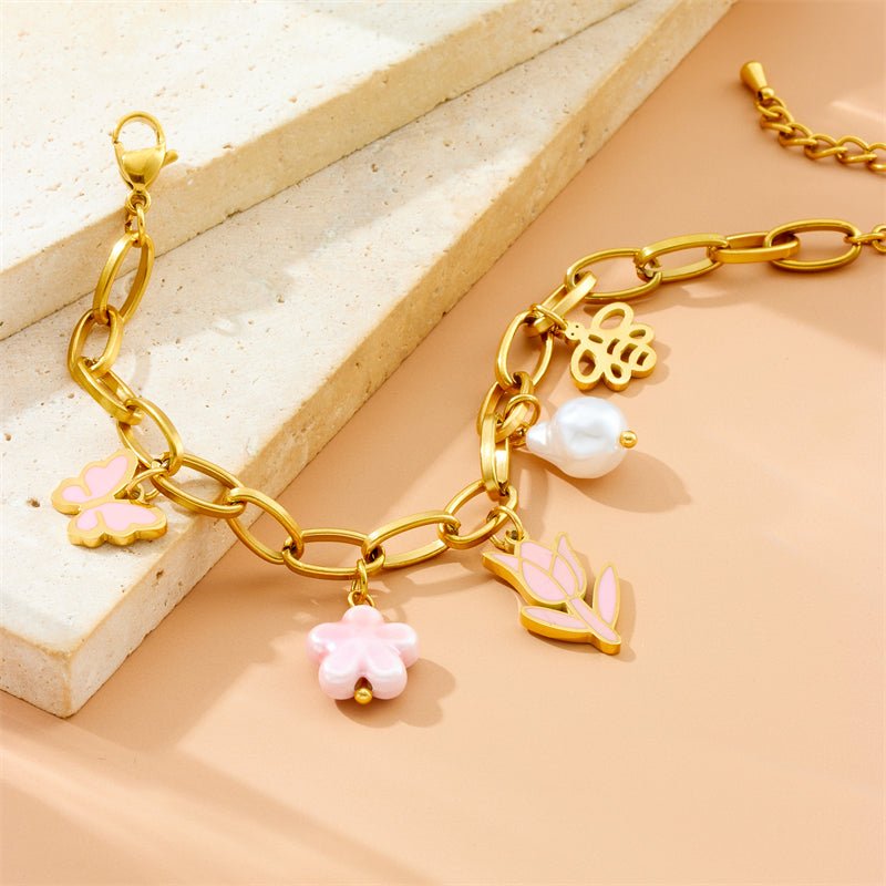 Gold Pink Enamel Tulip Butterfly & Pearl Charm Paperclip Chain Bracelet - Bracelets - 18k Gold Plated Waterproof Jewellery - Collection 9