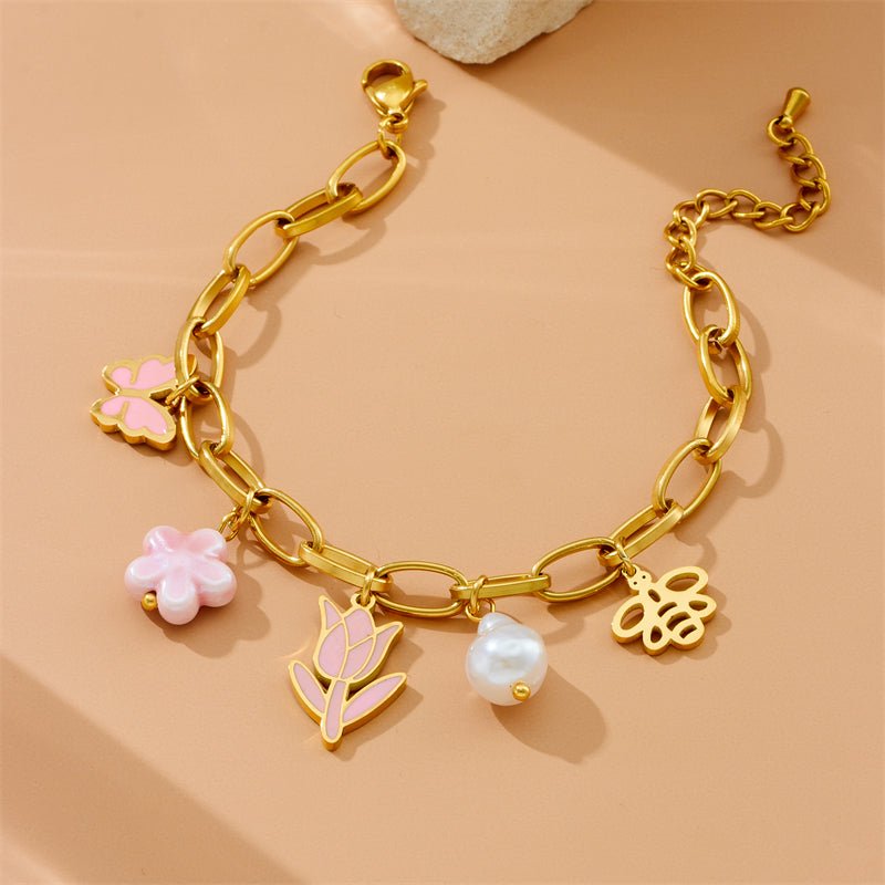 Gold Pink Enamel Tulip Butterfly & Pearl Charm Paperclip Chain Bracelet - Bracelets - 18k Gold Plated Waterproof Jewellery - Collection 9
