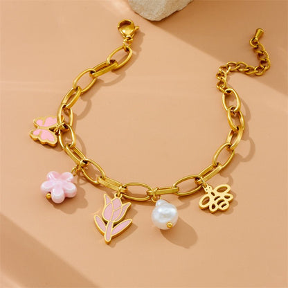 Gold Pink Enamel Tulip Butterfly & Pearl Charm Paperclip Chain Bracelet - Bracelets - 18k Gold Plated Waterproof Jewellery - Collection 9