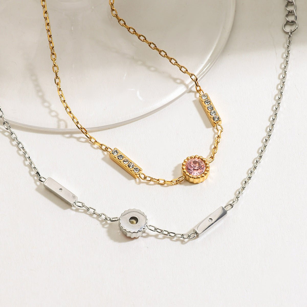 Gold Pink Zircon Centre & Crystal Bar Station Cable Chain Bracelet - Bracelets - 18k Gold Plated Waterproof Jewellery - Collection 9