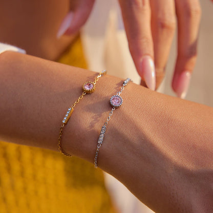 Gold Pink Zircon Centre & Crystal Bar Station Cable Chain Bracelet - Bracelets - 18k Gold Plated Waterproof Jewellery - Collection 9