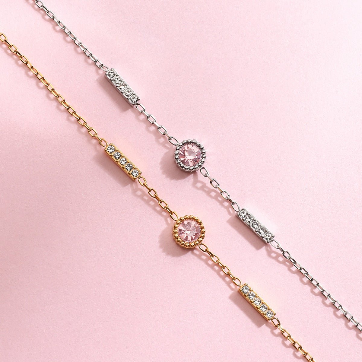 Gold Pink Zircon Centre & Crystal Bar Station Cable Chain Bracelet - Bracelets - 18k Gold Plated Waterproof Jewellery - Collection 9