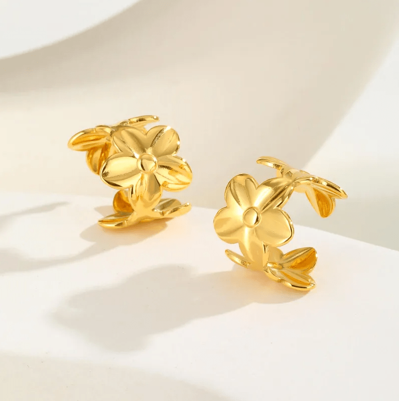 Gold Plumeria Flower Ear Cuffs - - 18k Gold Plated Waterproof Jewellery - Collection 9
