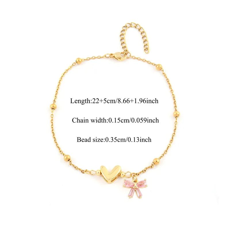 Gold Puffy Heart Crystal Bow Satellite Bead Anklet - Anklets - 18k Gold Plated Waterproof Jewellery - Collection 9