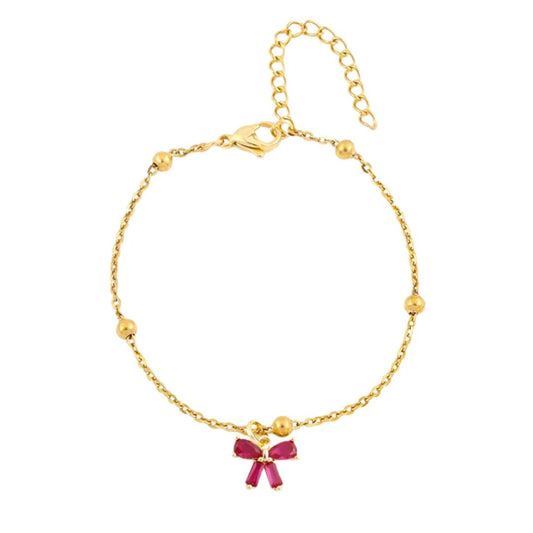 Gold Puffy Heart Crystal Bow Satellite Bead Anklet - Anklets - 18k Gold Plated Waterproof Jewellery - Collection 9