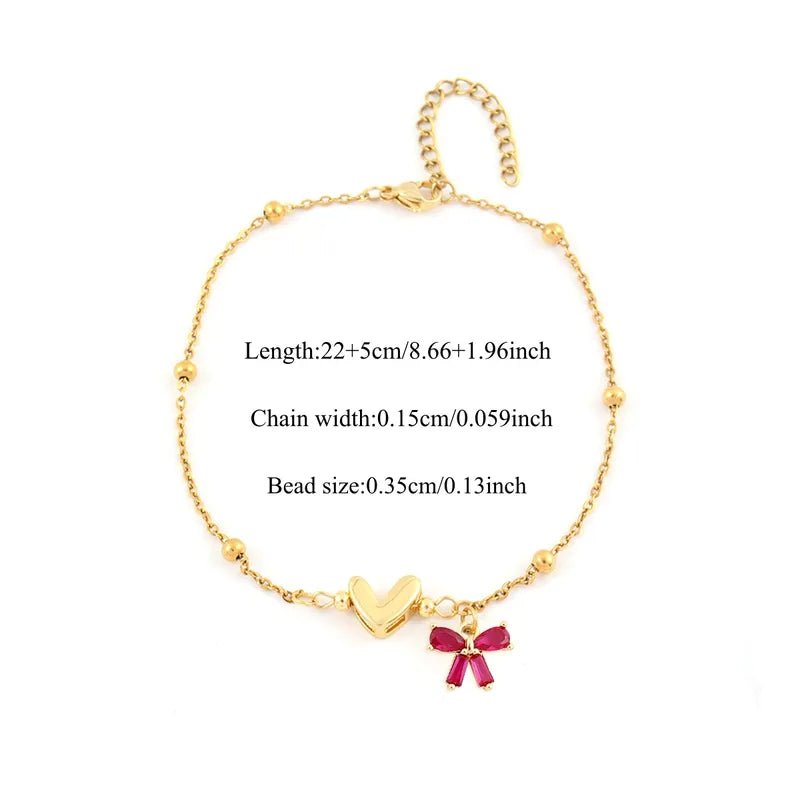 Gold Puffy Heart Crystal Bow Satellite Bead Anklet - Anklets - 18k Gold Plated Waterproof Jewellery - Collection 9