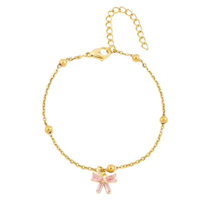 Gold Puffy Heart Crystal Bow Satellite Bead Anklet - Anklets - 18k Gold Plated Waterproof Jewellery - Collection 9