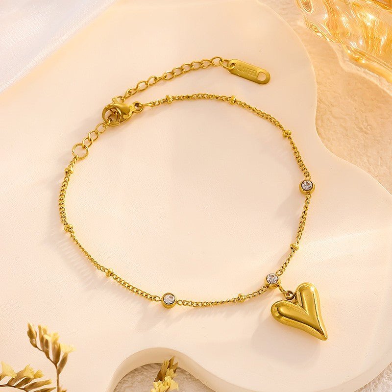 Gold Puffy Heart Zircon Station Anklet - Anklets - 18k Gold Plated Waterproof Jewellery - Collection 9