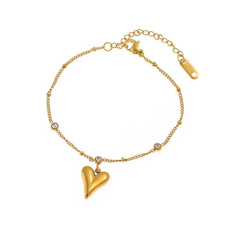 Gold Puffy Heart Zircon Station Anklet - Anklets - 18k Gold Plated Waterproof Jewellery - Collection 9