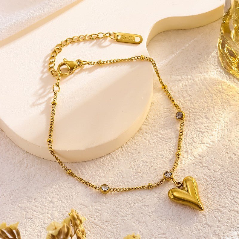 Gold Puffy Heart Zircon Station Anklet - Anklets - 18k Gold Plated Waterproof Jewellery - Collection 9