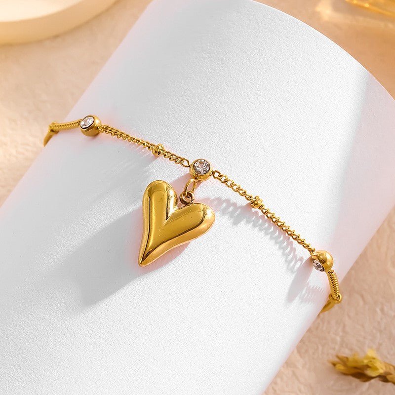 Gold Puffy Heart Zircon Station Anklet - Anklets - 18k Gold Plated Waterproof Jewellery - Collection 9