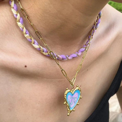 Gold Purple Cord & Paperclip Chain Enamel Heart Necklace - Necklaces - 18k Gold Plated Waterproof Jewellery - Collection 9