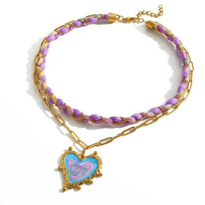 Gold Purple Cord & Paperclip Chain Enamel Heart Necklace - Necklaces - 18k Gold Plated Waterproof Jewellery - Collection 9