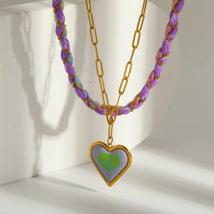 Gold Purple Cord & Paperclip Chain Enamel Heart Necklace - Necklaces - 18k Gold Plated Waterproof Jewellery - Collection 9