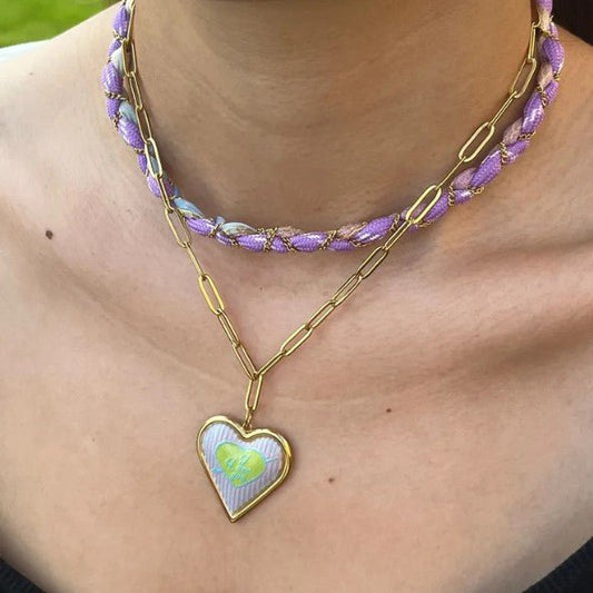 Gold Purple Cord & Paperclip Chain Enamel Heart Necklace - Collection 9 Ltd