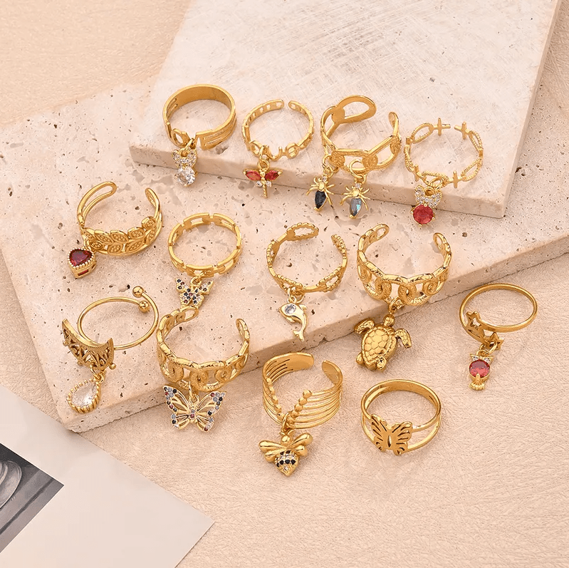 Gold Purple Crystal Heart Leaf Band Ring - Jewelry - 18k Gold Plated Waterproof Jewellery - Collection 9