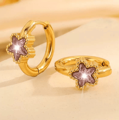 Gold Purple Crystal Star Huggie Earrings - Earrings - 18k Gold Plated Waterproof Jewellery - Collection 9