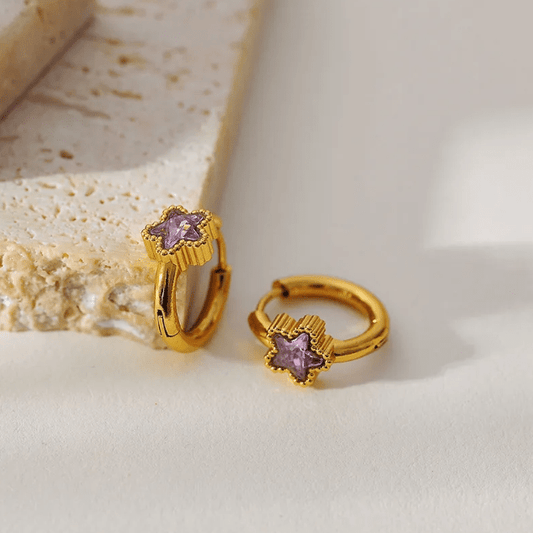 Gold Purple Crystal Star Huggie Earrings - Earrings - 18k Gold Plated Waterproof Jewellery - Collection 9