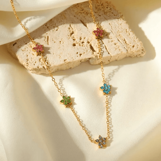 Gold Rainbow Color Crystal Flower Chain Necklace - Jewelry - 18k Gold Plated Waterproof Jewellery - Collection 9