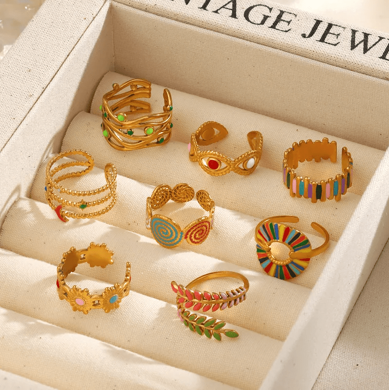 Gold Rainbow Enamel Leaf Wrap Ring - Jewelry - 18k Gold Plated Waterproof Jewellery - Collection 9