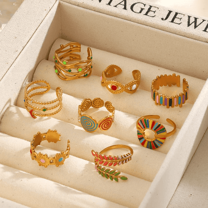 Gold Rainbow Enamel Leaf Wrap Ring - Jewelry - 18k Gold Plated Waterproof Jewellery - Collection 9