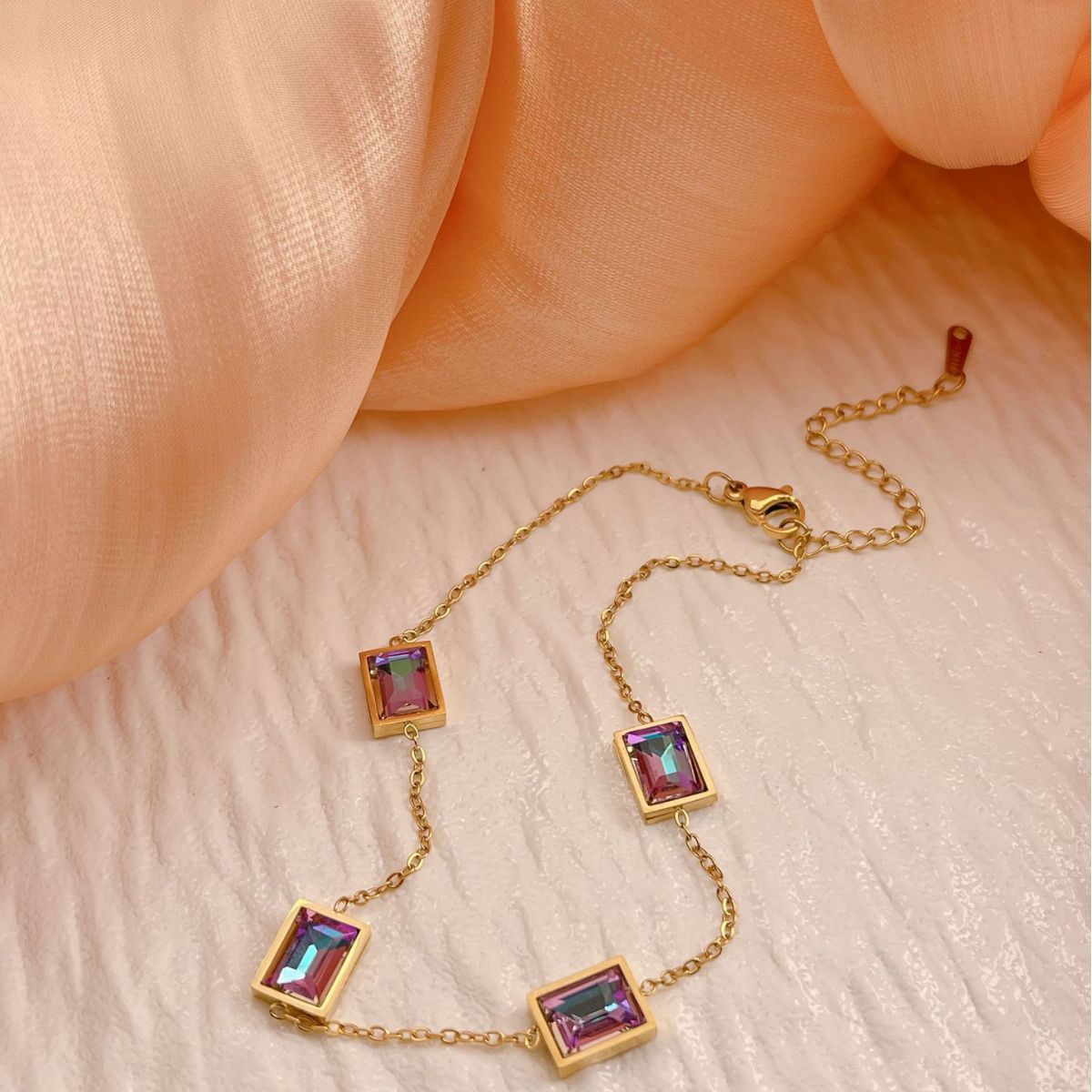 Gold Rainbow Square Zircon Station Anklet - Anklets - 18k Gold Plated Waterproof Jewellery - Collection 9
