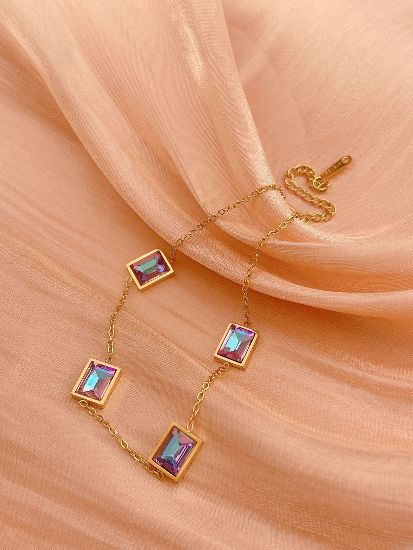 Gold Rainbow Square Zircon Station Anklet - Anklets - 18k Gold Plated Waterproof Jewellery - Collection 9