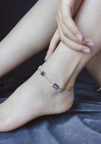 Gold Rainbow Square Zircon Station Anklet - Anklets - 18k Gold Plated Waterproof Jewellery - Collection 9