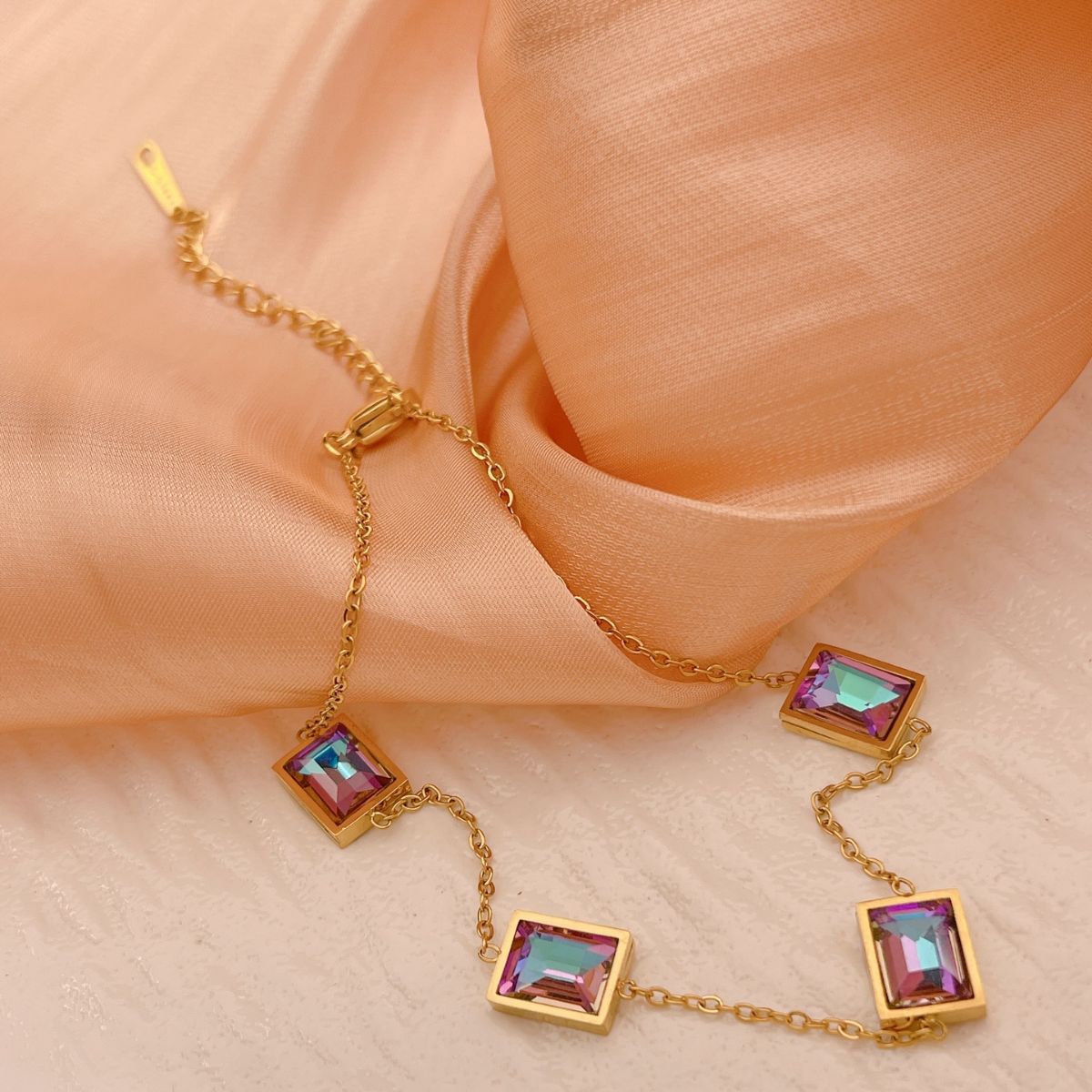 Gold Rainbow Square Zircon Station Anklet - Anklets - 18k Gold Plated Waterproof Jewellery - Collection 9