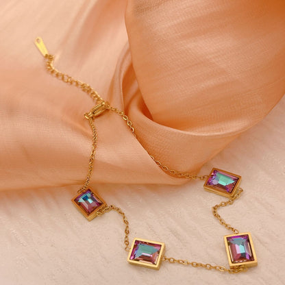 Gold Rainbow Square Zircon Station Anklet - Anklets - 18k Gold Plated Waterproof Jewellery - Collection 9