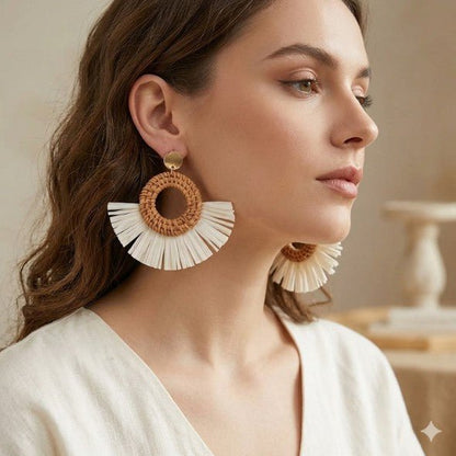 Gold Rattan Woven Circle & White Raffia Fringe Drop Earrings - Drop Earrings - 18k Gold Plated Waterproof Jewellery - Collection 9