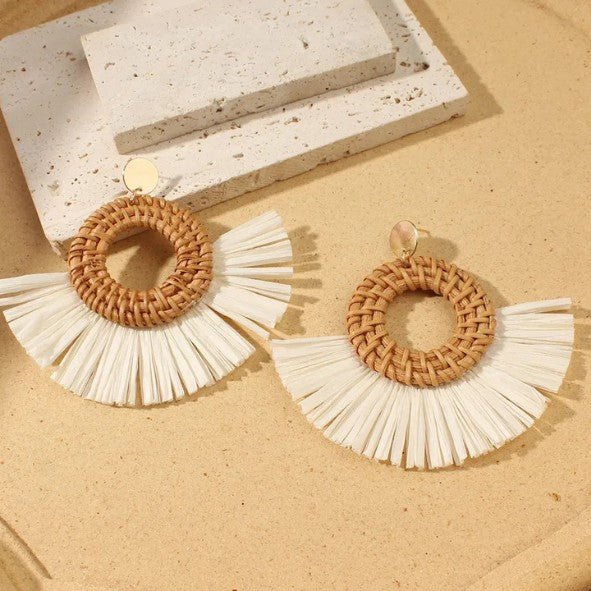 Gold Rattan Woven Circle & White Raffia Fringe Drop Earrings - Drop Earrings - 18k Gold Plated Waterproof Jewellery - Collection 9