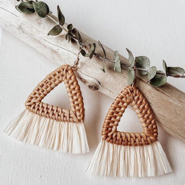Gold Rattan Woven Triangle & White Raffia Fringe Drop Earrings - Drop Earrings - 18k Gold Plated Waterproof Jewellery - Collection 9