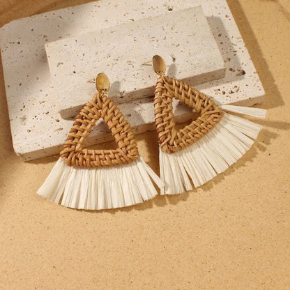 Gold Rattan Woven Triangle & White Raffia Fringe Drop Earrings - Drop Earrings - 18k Gold Plated Waterproof Jewellery - Collection 9