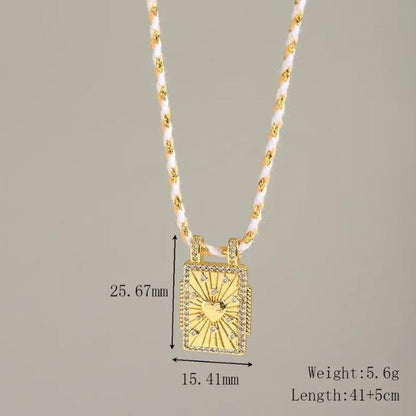 Gold Rectangle Sunburst Heart Zircon Pendant Twisted Cord Necklace - Necklaces - 18k Gold Plated Waterproof Jewellery - Collection 9