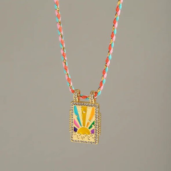 Gold Rectangle Sunburst Heart Zircon Pendant Twisted Cord Necklace - Necklaces - 18k Gold Plated Waterproof Jewellery - Collection 9