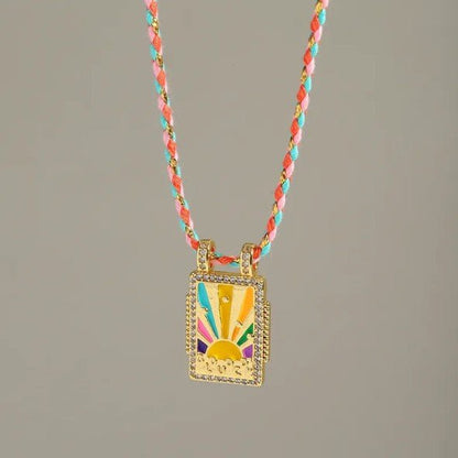Gold Rectangle Sunburst Heart Zircon Pendant Twisted Cord Necklace - Necklaces - 18k Gold Plated Waterproof Jewellery - Collection 9