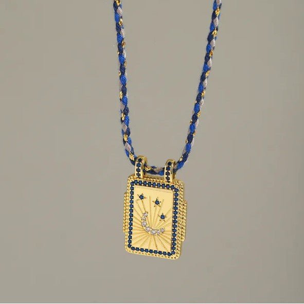 Gold Rectangle Sunburst Heart Zircon Pendant Twisted Cord Necklace - Necklaces - 18k Gold Plated Waterproof Jewellery - Collection 9