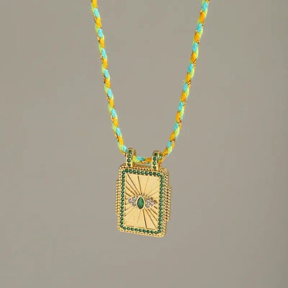 Gold Rectangle Sunburst Heart Zircon Pendant Twisted Cord Necklace - Necklaces - 18k Gold Plated Waterproof Jewellery - Collection 9