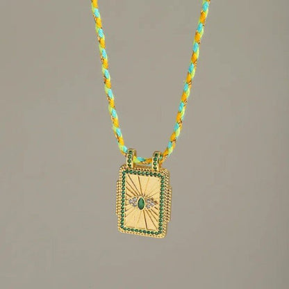 Gold Rectangle Sunburst Heart Zircon Pendant Twisted Cord Necklace - Necklaces - 18k Gold Plated Waterproof Jewellery - Collection 9